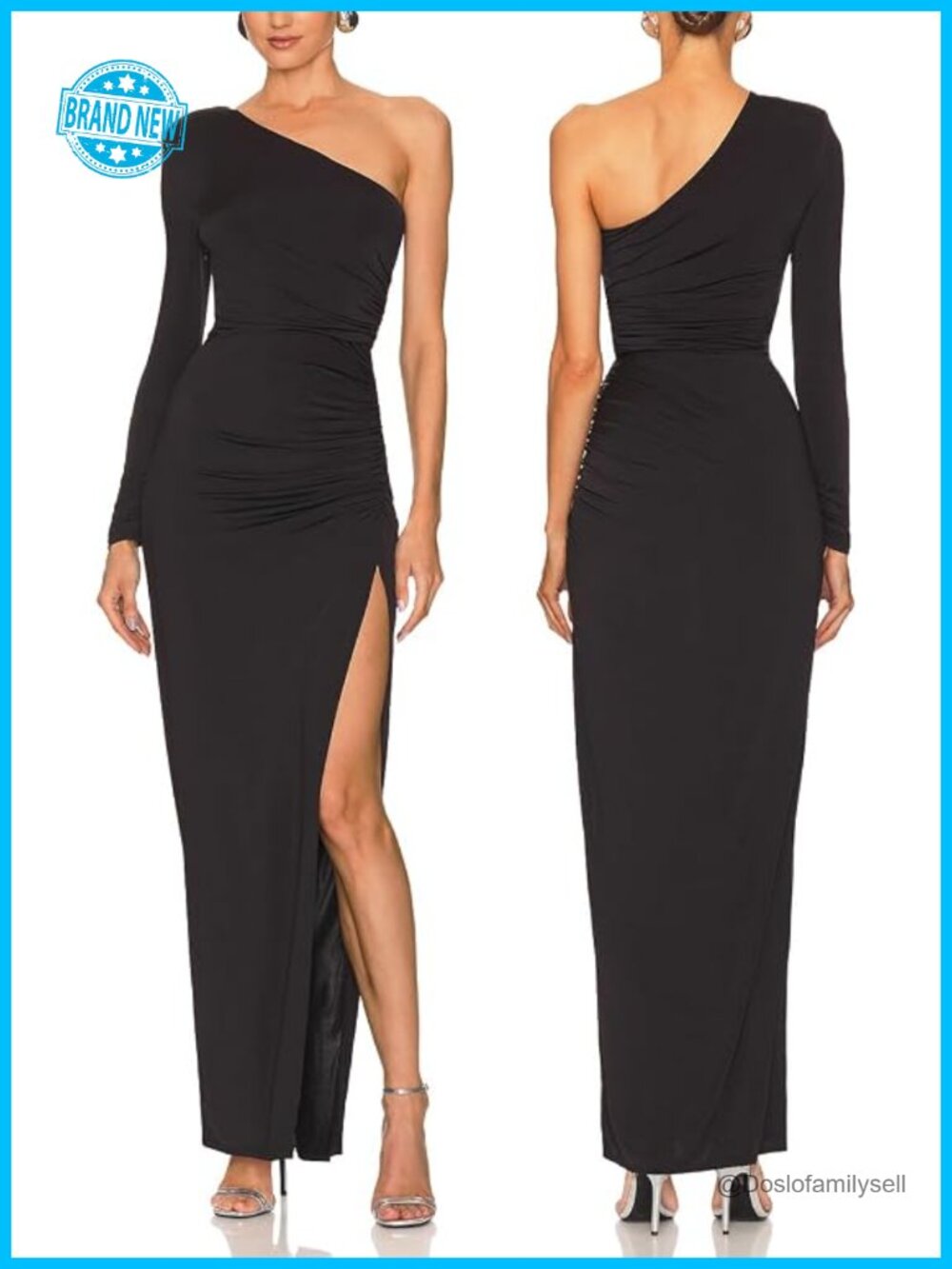 One Shoulder Long Sleeve Bodycon Ruched Split Thigh Maxi Dress